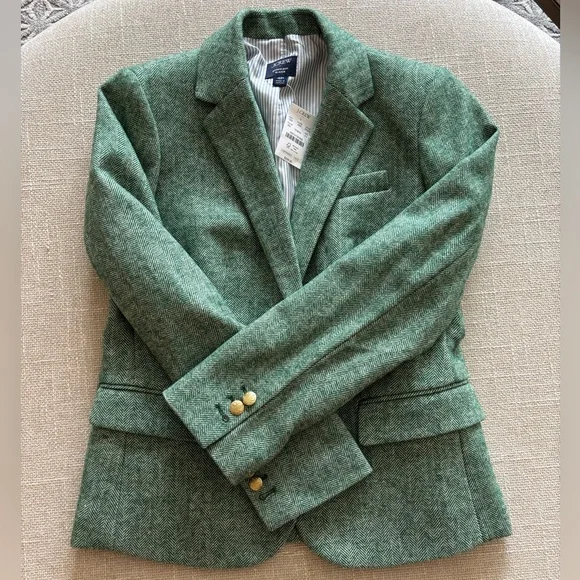 NWT J. Crew Herringbone Wool Blend Schoolboy Blazer Green Size 4P | Petite - Picture 6 of 9